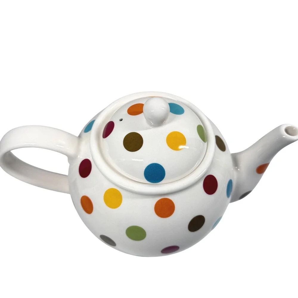 PIER 1 Imports Confetti Teapot Ironstone Multicolor Polka Dot White Glossy 6.5